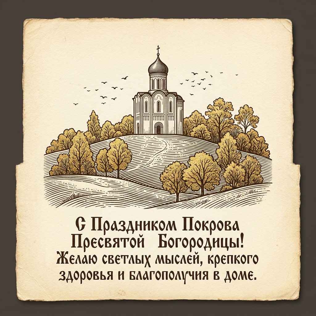 Открытка в технике гравюры с храмом на холме, осенними деревьями, полем и птицами, с текстом: "С Праздником Покрова Пресвятой Богородицы! Желаю светлых мыслей, крепкого здоровья и благополучия в доме."