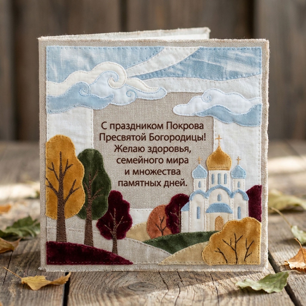 Открытка из ткани в технике аппликации с храмом, осенними деревьями и текстом: "С праздником Покрова Пресвятой Богородицы! Желаю здоровья, семейного мира и множества памятных дней."