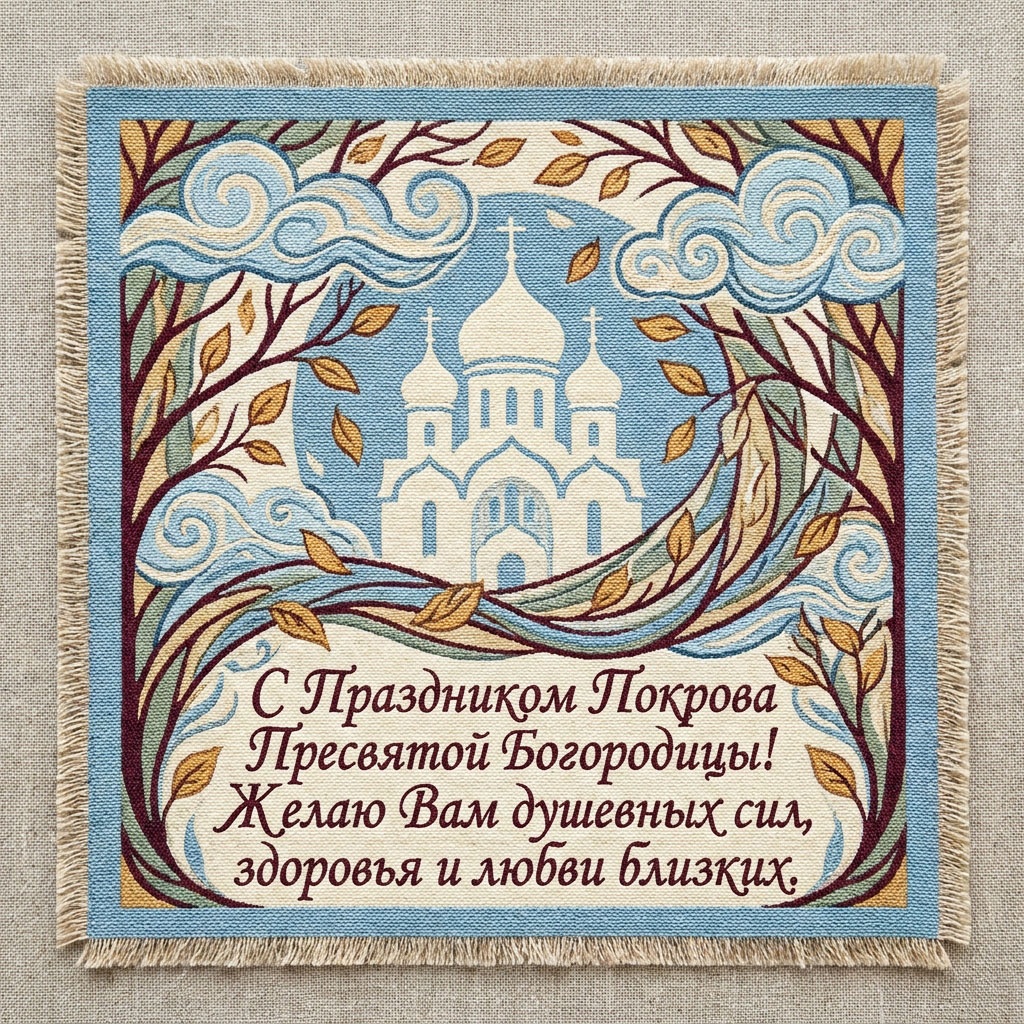 Открытка в технике ткачества с белым храмом, ветвями и текстом: "С Праздником Покрова Пресвятой Богородицы! Желаю Вам душевных сил, здоровья и любви близких."