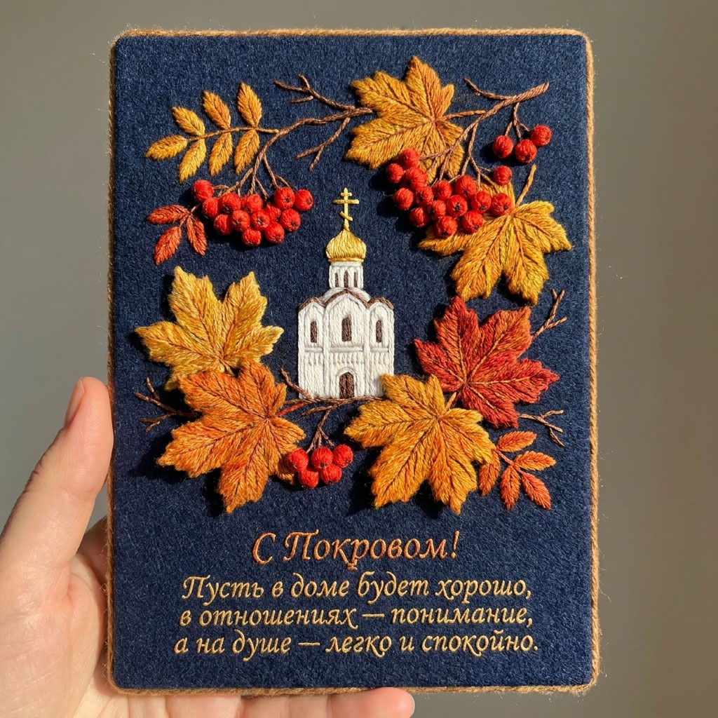 Открытка с вышитым храмом, осенними листьями и текстом: "С Покровом! Пусть в доме будет хорошо, в отношениях - понимание, а на душе - легко и спокойно".