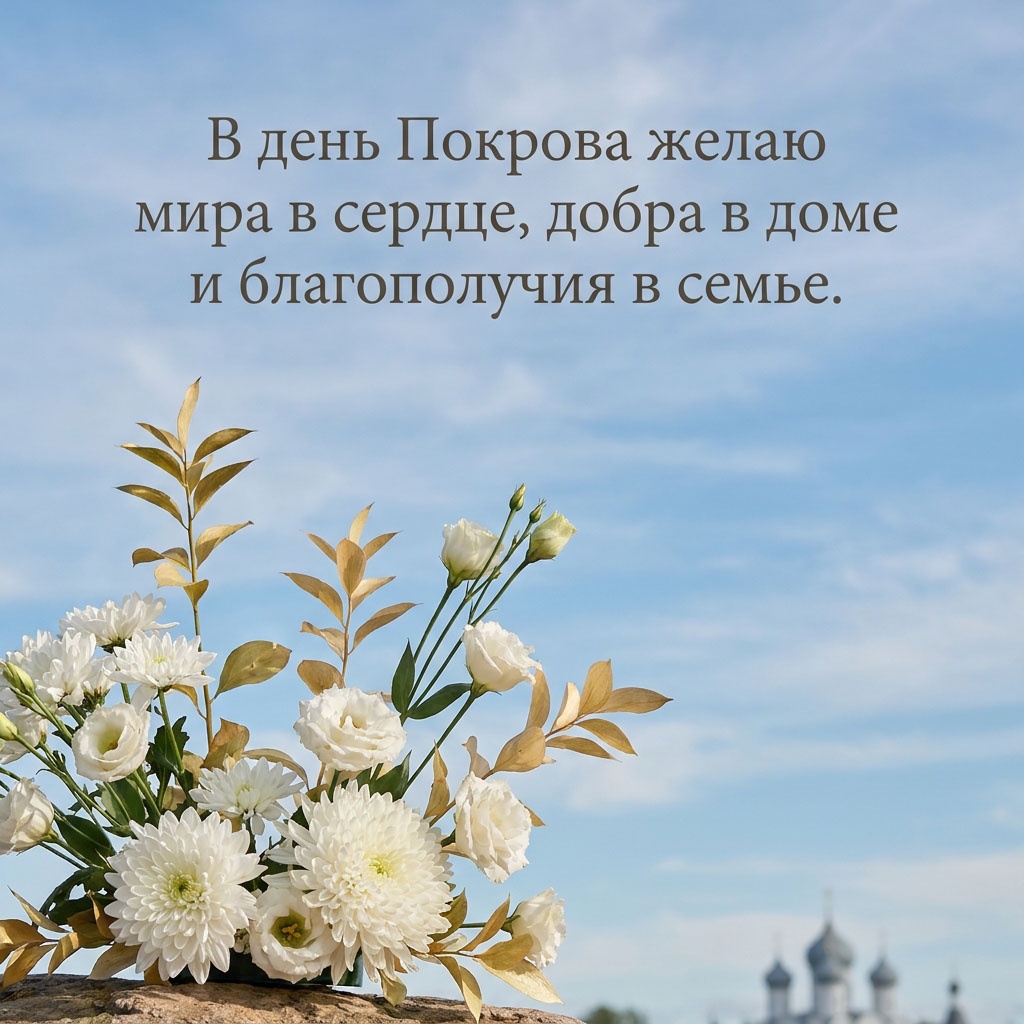 Открытка с букетом белых хризантем и роз, золотыми ветвями на фоне неба и храма вдали, с текстом: "В день Покрова желаю мира в сердце, добра в доме и благополучия в семье."