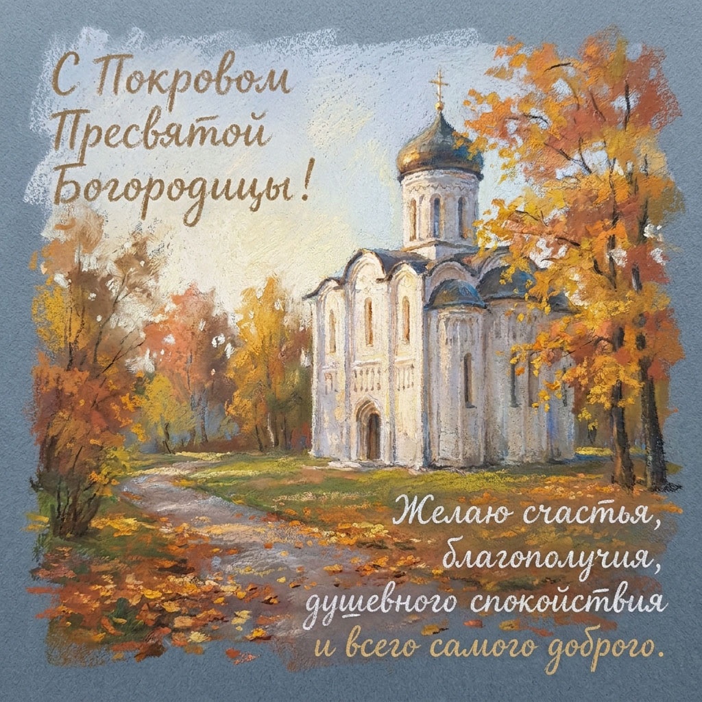 Открытка с белым храмом среди осенних деревьев и текстом: "С Покровом Пресвятой Богородицы! Желаю счастья, благополучия, душевного спокойствия и всего самого доброго."