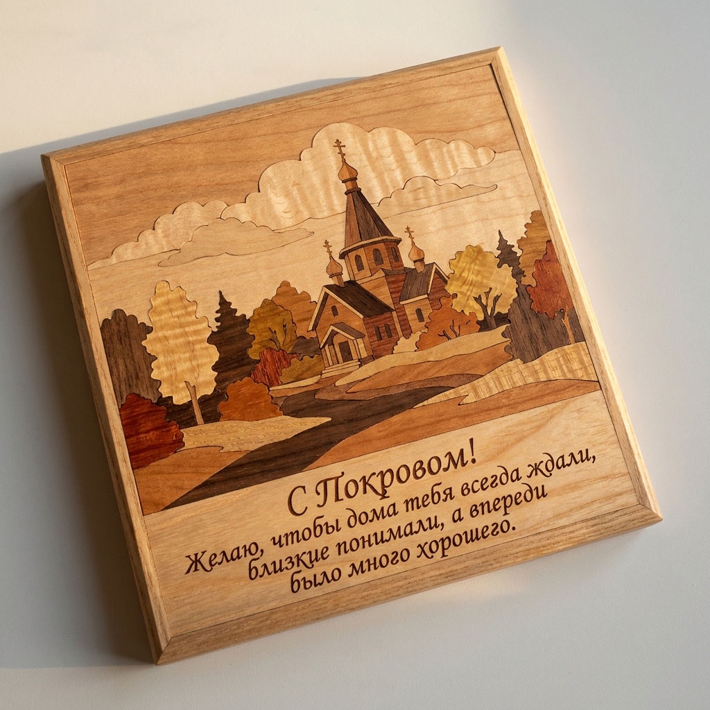 Деревянная открытка с резным храмом, осенними деревьями и облаками и текстом: "С Покровом! Желаю, чтобы дома тебя всегда ждали, близкие понимали, а впереди было много хорошего."