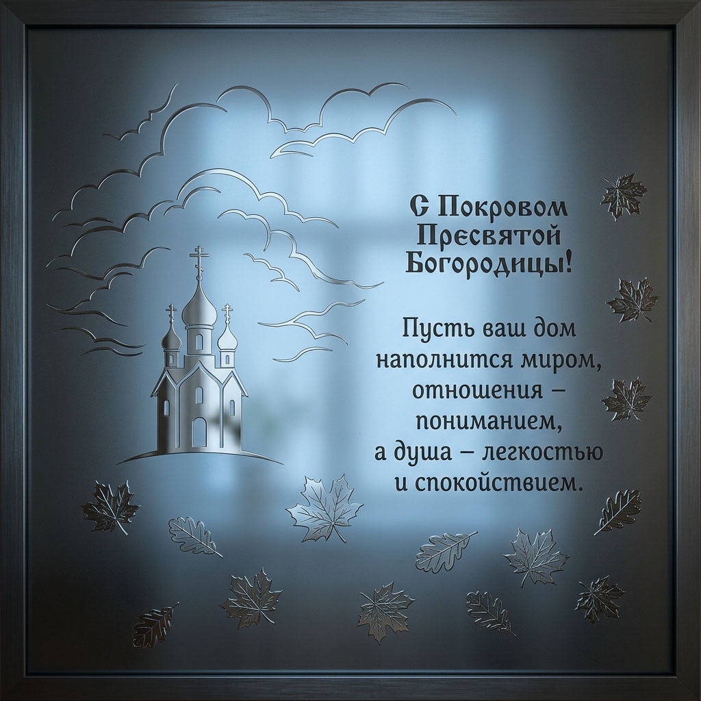Открытка на стекле с металлическими силуэтом храма, облаками, листьями и текстом: "С Покровом Пресвятой Богородицы! Пусть ваш дом наполнится миром, отношения - пониманием, а душа - легкостью и спокойствием."