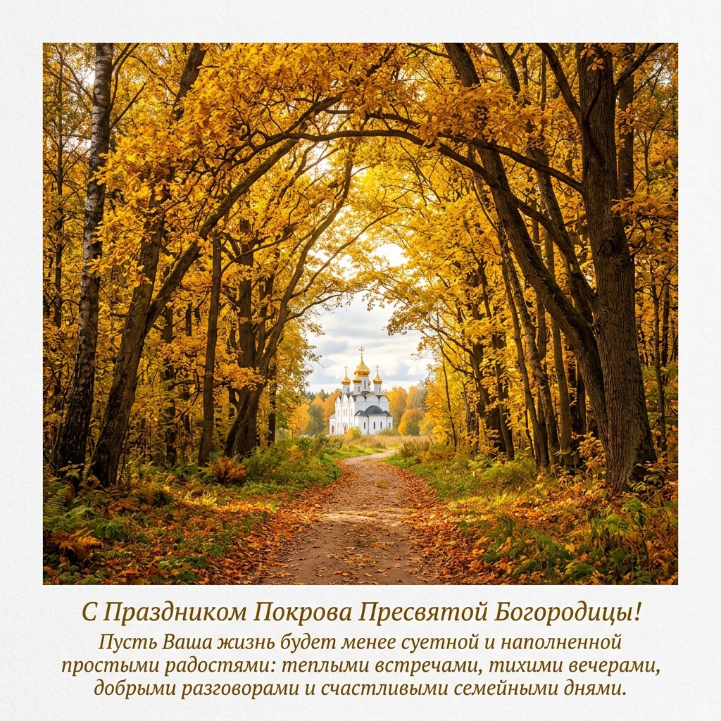Открытка с осенней аллеей, тропинкой и белым храмом с золотыми куполами вдали, с текстом: "С Праздником Покрова Пресвятой Богородицы! Пусть Ваша жизнь будет менее суетной и наполненной простыми радостями: теплыми встречами, тихими вечерами, добрыми разговорами и счастливыми семейными днями."