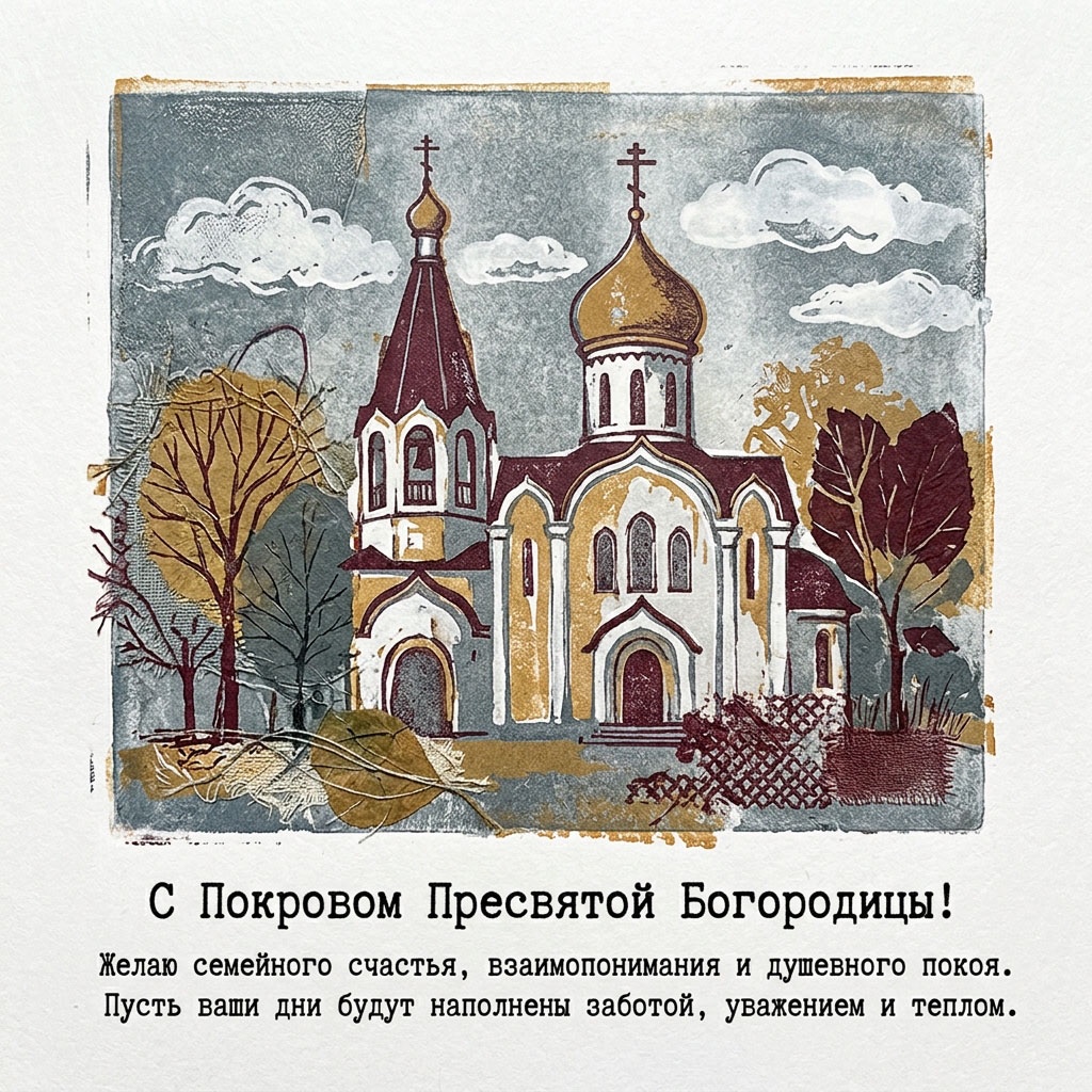 Открытка с храмом, деревьями и облаками в технике линогравюры и текстом: "С Покровом Пресвятой Богородицы! Желаю семейного счастья, взаимопонимания и душевного покоя. Пусть ваши дни будут наполнены заботой, уважением и теплом."
