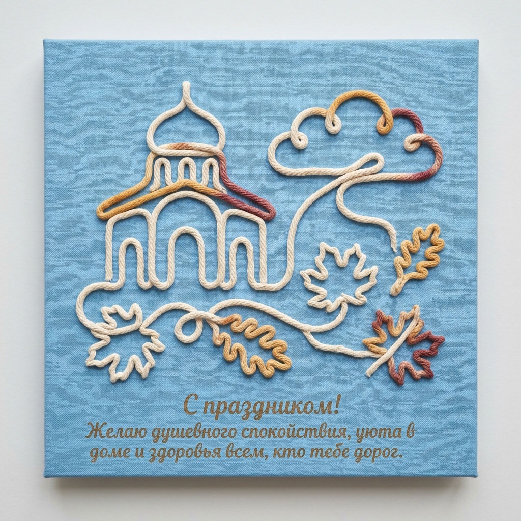 Открытка с выложенным из шнура храмом, облаком и кленовыми листьями на голубом фоне и текстом: "С праздником! Желаю душевного спокойствия, уюта в доме и здоровья всем, кто тебе дорог."