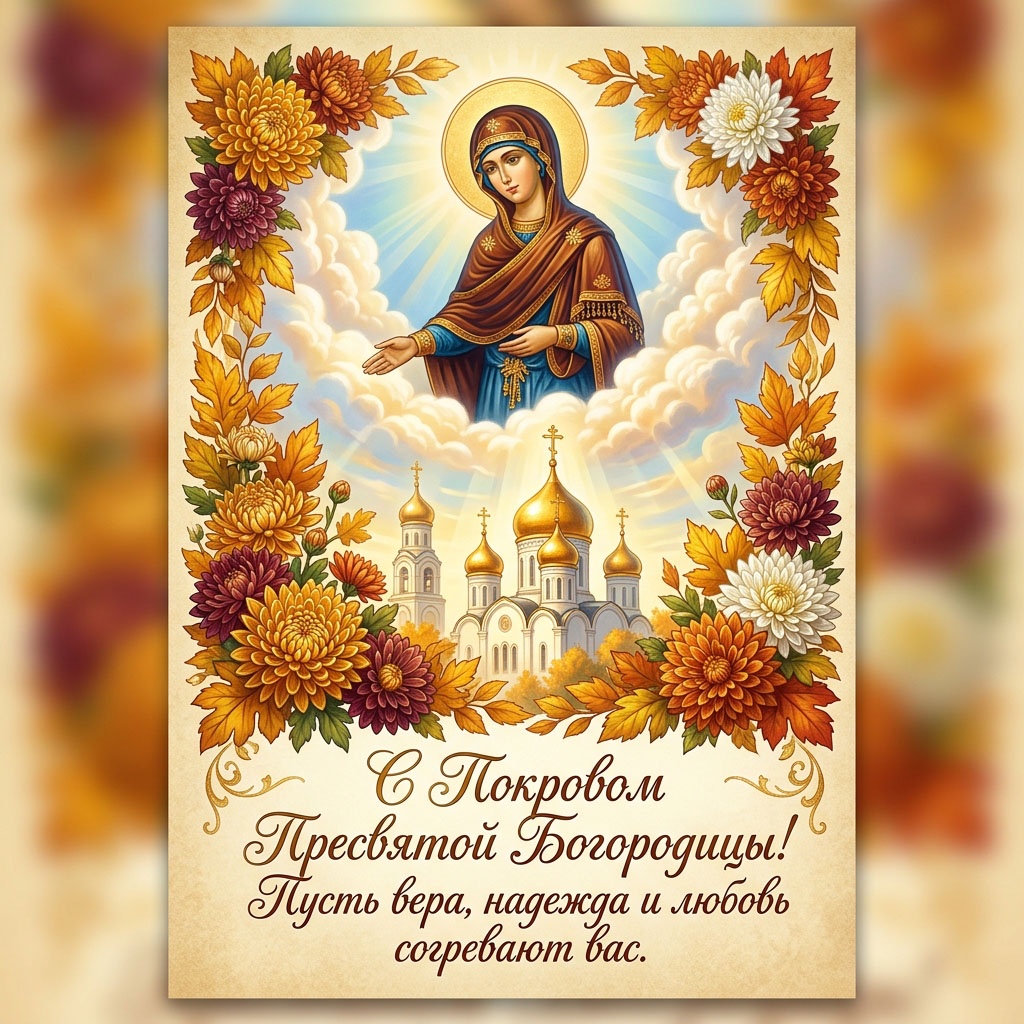 Открытка с образом Богородицы в облаках, храмом с золотыми куполами и рамкой из осенних хризантем, с текстом: "С Покровом Пресвятой Богородицы! Пусть вера, надежда и любовь согревают вас."