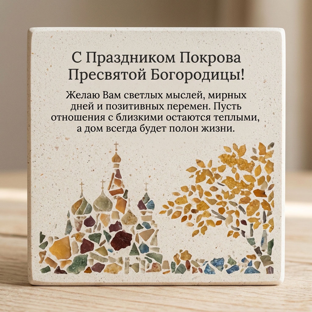 Открытка с мозаикой из цветных камней в виде храма и осеннего дерева на светлом фоне и текстом: "С Праздником Покрова Пресвятой Богородицы! Желаю Вам светлых мыслей, мирных дней и позитивных перемен. Пусть отношения с близкими остаются теплыми, а дом всегда будет полон жизни."