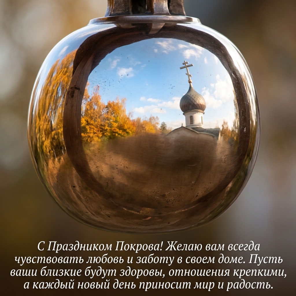 Открытка с отражением купола с крестом в металлическом шаре и текстом: "С Праздником Покрова! Желаю вам всегда чувствовать любовь и заботу в своем доме. Пусть ваши близкие будут здоровы, отношения крепкими, а каждый новый день приносит мир и радость."