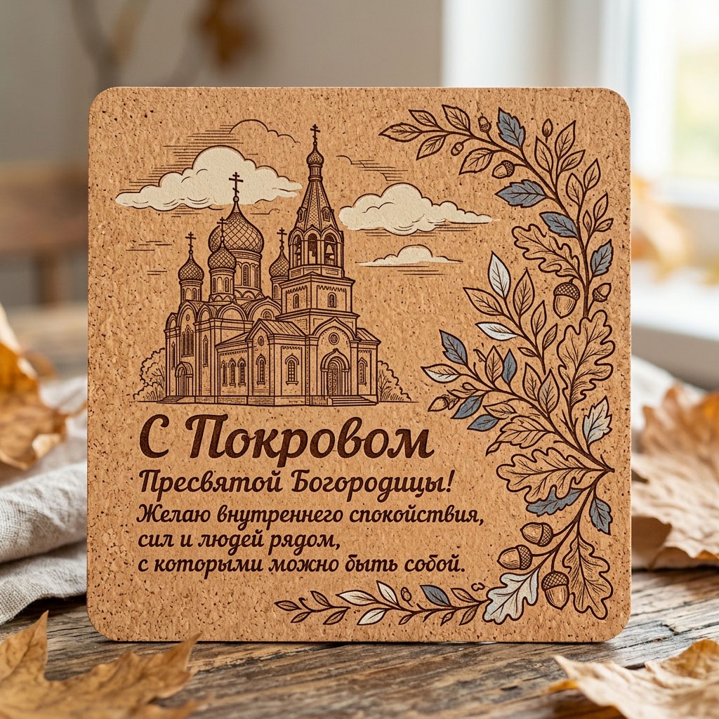 Пробковая открытка с гравированным храмом, лиственным узором и текстом: "С Покровом Пресвятой Богородицы! Желаю внутреннего спокойствия, сил и людей рядом, с которыми можно быть собой."