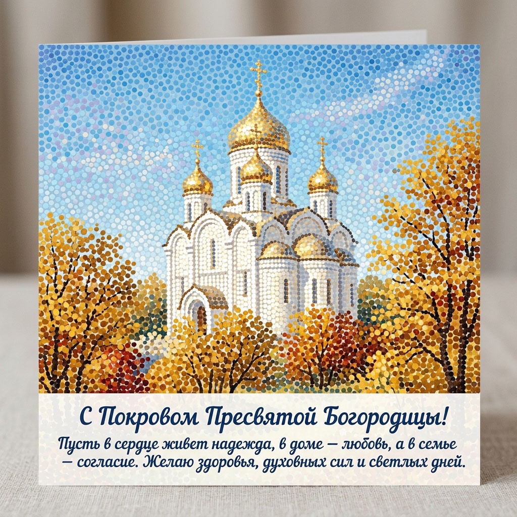 Открытка с храмом и осенними деревьями, выполненными в технике точечной мозаики, и текстом: "С Покровом Пресвятой Богородицы! Пусть в сердце живет надежда, в доме - любовь, а в семье - согласие. Желаю здоровья, духовных сил и светлых дней."