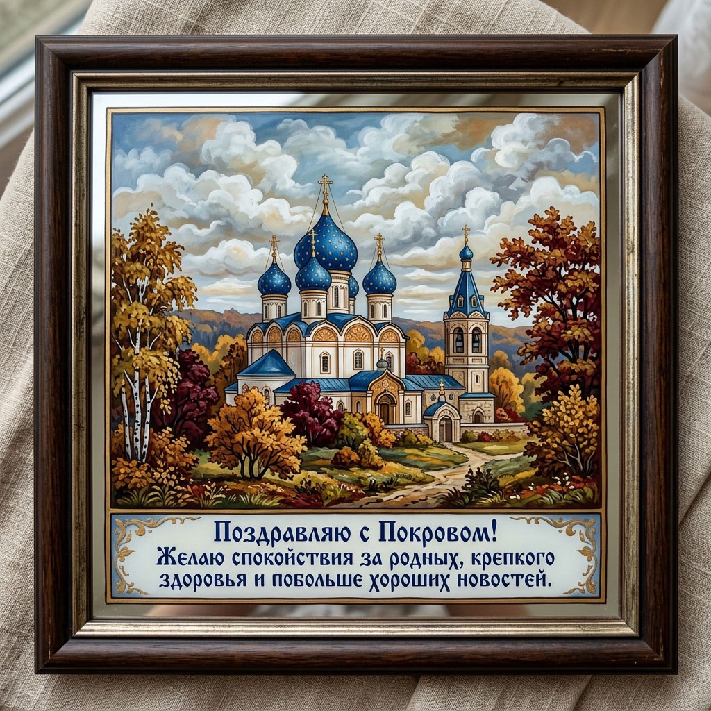 Художественная открытка с храмом с синими куполами среди осенних деревьев и текстом: "Поздравляю с Покровом! Желаю спокойствия за родных, крепкого здоровья и побольше хороших новостей."
