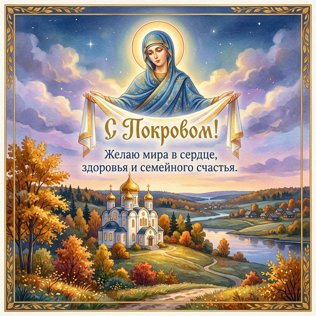 Открытка с образом Богородицы с покровом в облаках, храмом, рекой и текстом: "С Покровом! Желаю мира в сердце, здоровья и семейного счастья."