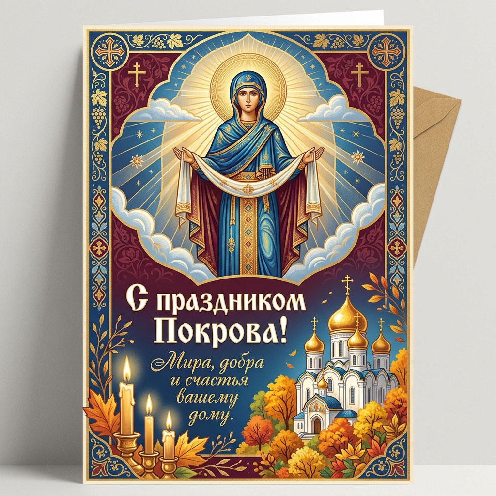 Открытка с образом Богородицы с покровом, храмом, свечами в узорчатой рамке и текстом: "С праздником Покрова! Мира, добра и счастья вашему дому."