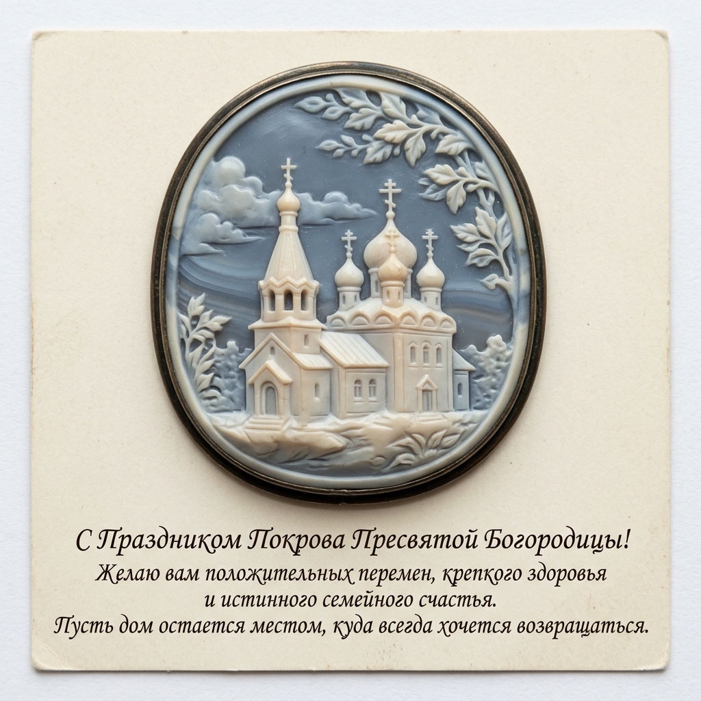Открытка с рельефной камеей в виде храма, облаков и ветвей и текстом: "С Праздником Покрова Пресвятой Богородицы! Желаю вам положительных перемен, крепкого здоровья и истинного семейного счастья. Пусть дом остается местом, куда всегда хочется возвращаться." 