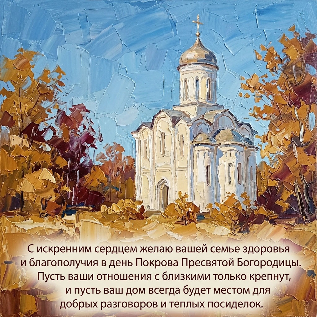 Живописная открытка с белым храмом среди осенних деревьев и текстом: "С искренним сердцем желаю вашей семье здоровья и благополучия в день Покрова Пресвятой Богородицы. Пусть ваши отношения с близкими только крепнут, и пусть ваш дом всегда будет местом для добрых разговоров и теплых посиделок."