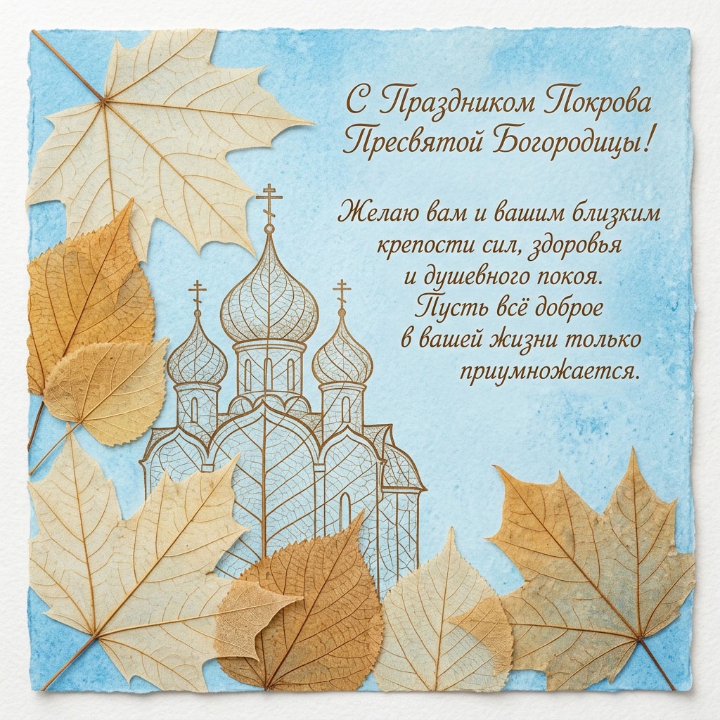 Открытка с контурным храмом и скелетированными осенними листьями на голубом фоне и текстом: "С Праздником Покрова Пресвятой Богородицы! Желаю вам и вашим близким крепости сил, здоровья и душевного покоя. Пусть все доброе в вашей жизни только приумножается."