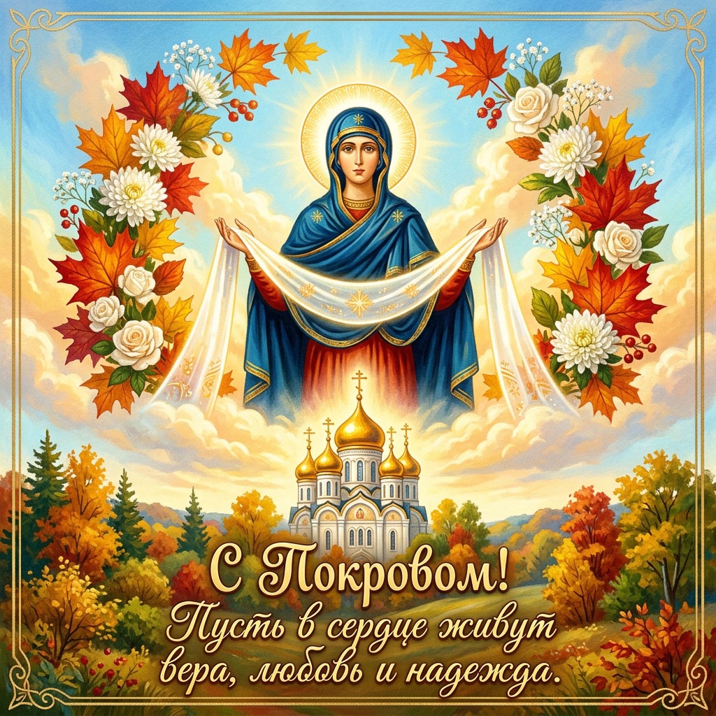 Открытка с образом Богородицы с покровом, венком из кленовых листьев, роз и хризантем и текстом: "С Покровом! Пусть в сердце живут вера, любовь и надежда."