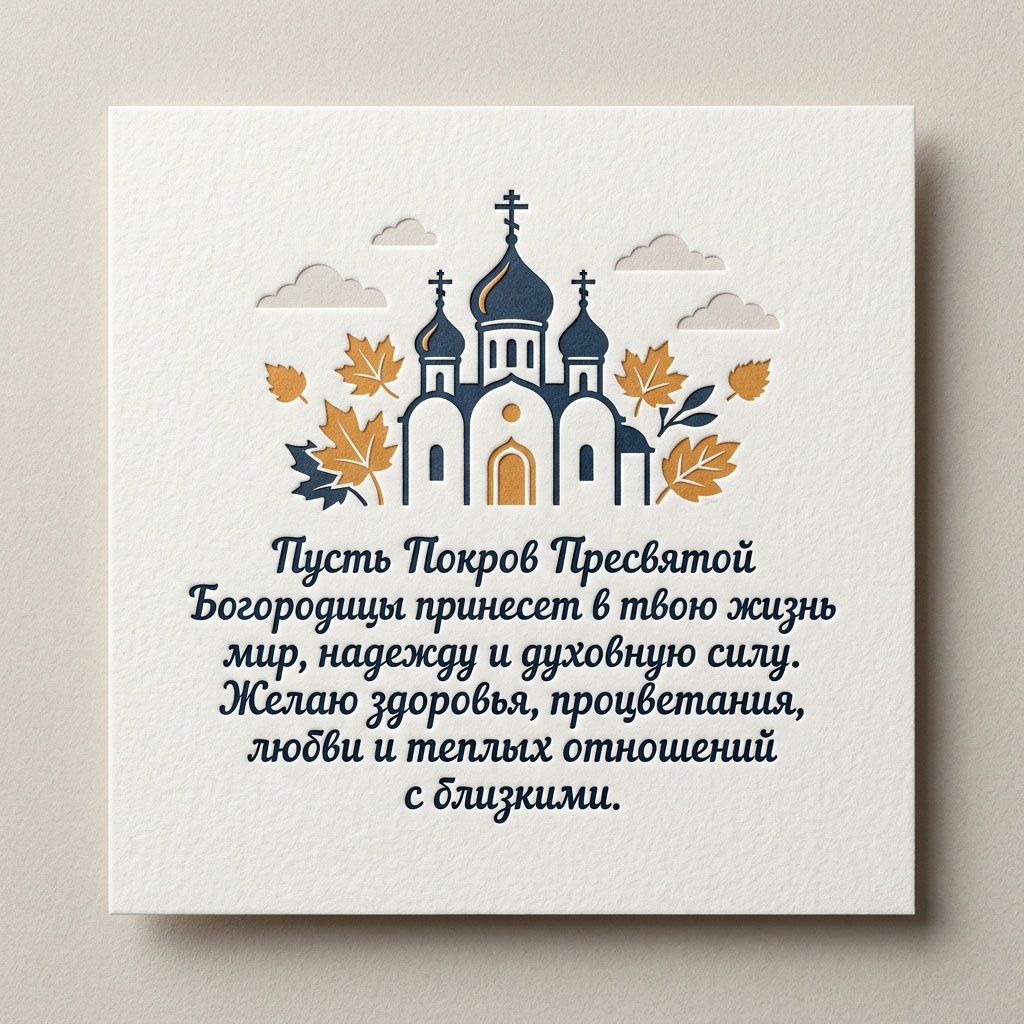 Минималистичная открытка с храмом, облаками и кленовыми листьями на светлом фоне и текстом: "Пусть Покров Пресвятой Богородицы принесет в твою жизнь мир, надежду и духовную силу. Желаю здоровья, процветания, любви и теплых отношений с близкими."