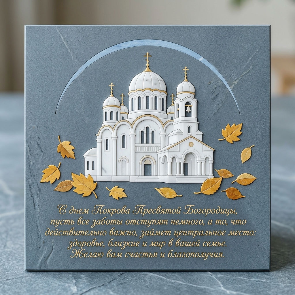 Открытка с объемным белым храмом с золотыми куполами, золотыми листьями на сером каменном фоне и текстом: "С днем Покрова Пресвятой Богородицы, пусть все заботы отступят немного, а то, что действительно важно, займет центральное место: здоровье, близкие и мир в вашей семье. Желаю вам счастья и благополучия."
