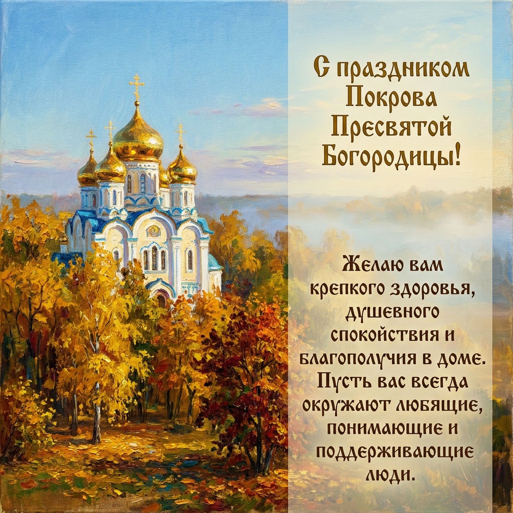 Открытка маслом с храмом с золотыми куполами среди осенних деревьев и текстом: "С праздником Покрова Пресвятой Богородицы! Желаю вам крепкого здоровья, душевного спокойствия и благополучия в доме. Пусть вас всегда окружают любящие, понимающие и поддерживающие люди."