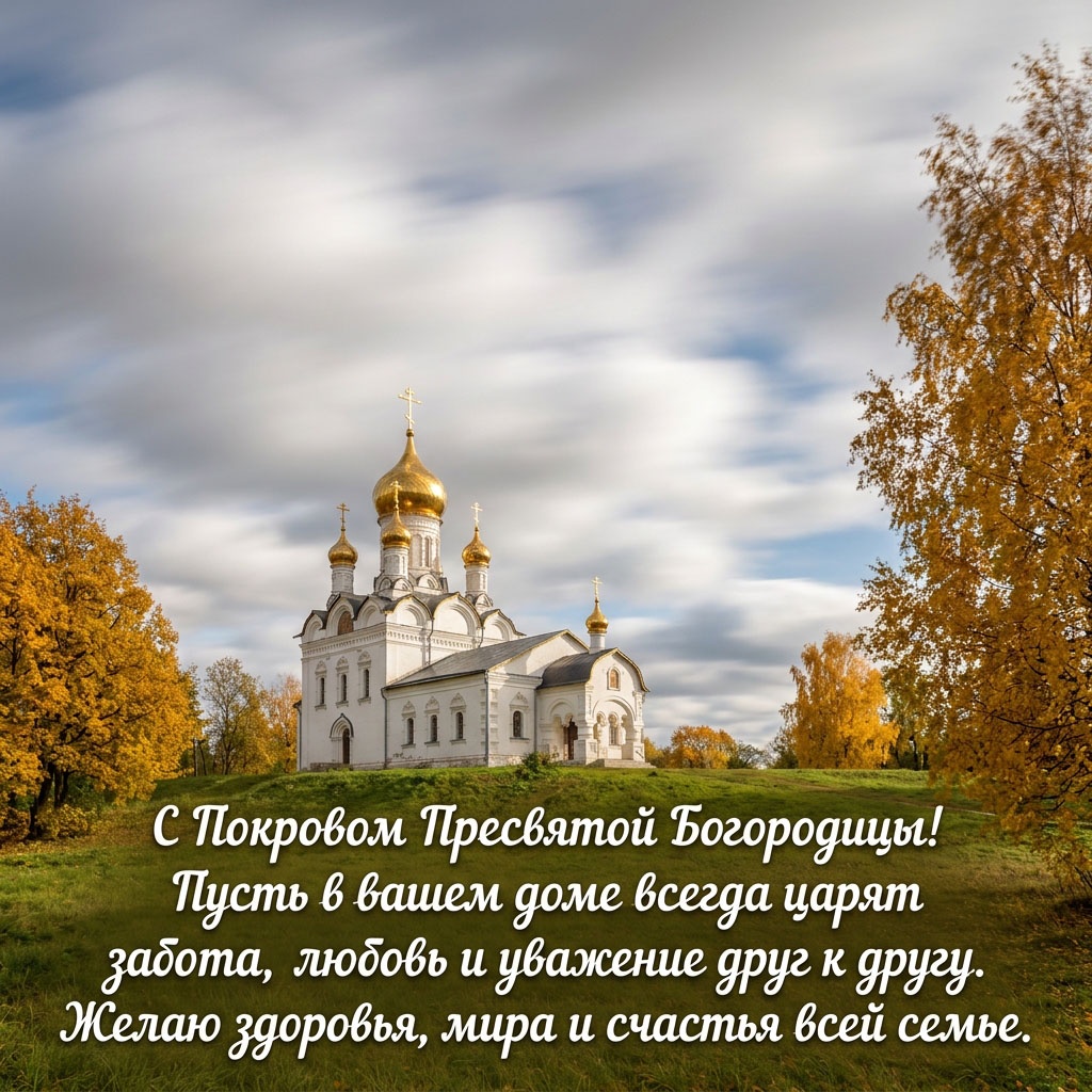 Открытка с белым храмом с золотыми куполами на холме среди осенних деревьев и текстом: "С Покровом Пресвятой Богородицы! Пусть в вашем доме всегда царят забота, любовь и уважение друг к другу. Желаю здоровья, мира и счастья всей семье."