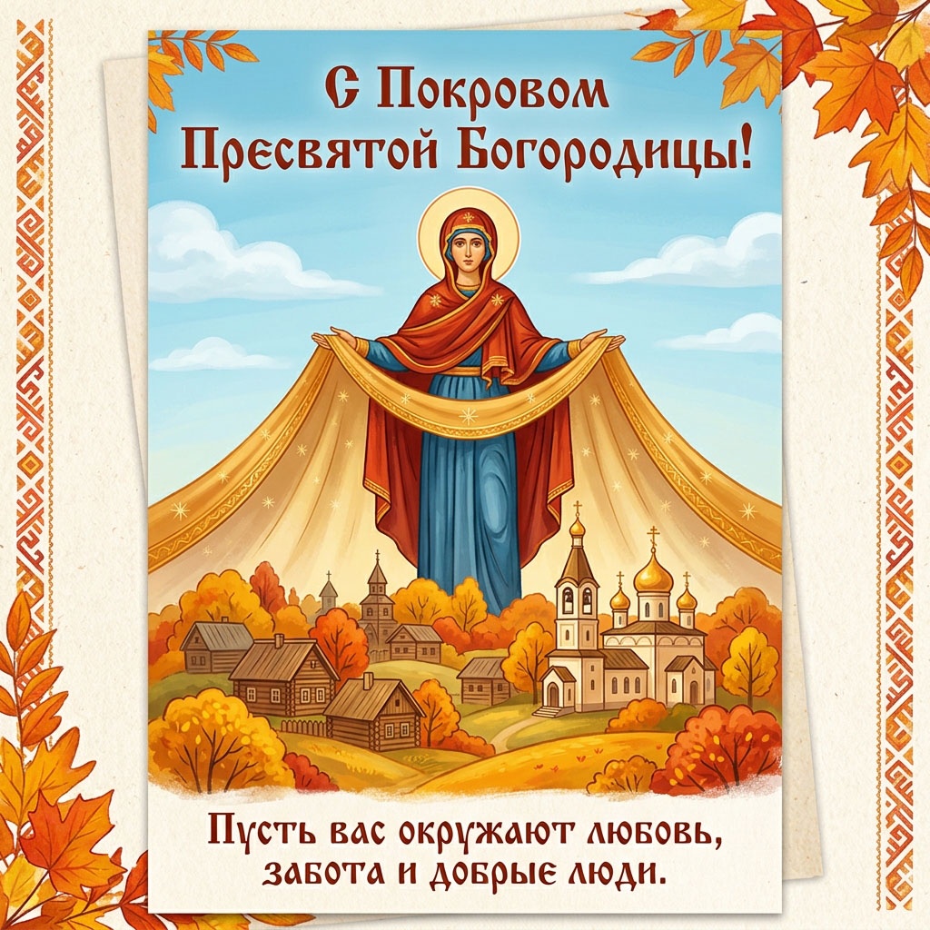 Открытка с образом Богородицы с покровом над осенней деревней и храмом, с текстом: "С Покровом Пресвятой Богородицы! Пусть вас окружают любовь, забота и добрые люди."