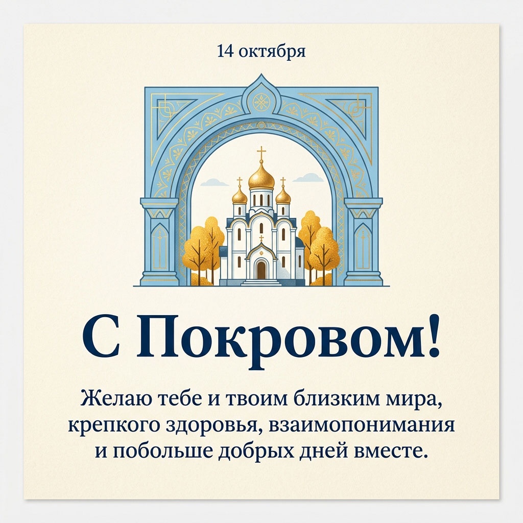 Открытка с церковью в голубой арочной рамке и текстом: "С Покровом! Желаю тебе и твоим близким мира, крепкого здоровья, взаимопонимания и побольше добрых дней вместе."