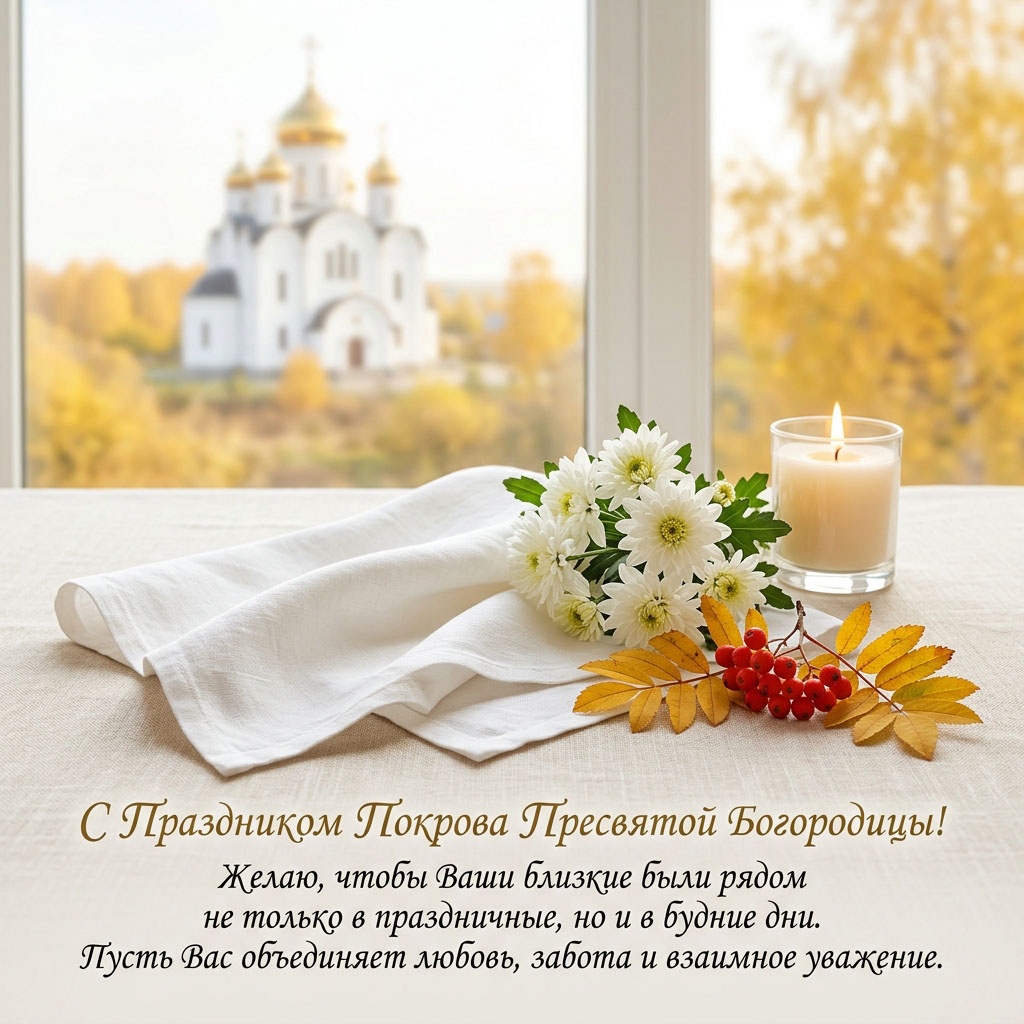 Открытка с букетом белых хризантем, свечой, рябиной и полотенцем на столе у окна с видом на храм и текстом: "С Праздником Покрова Пресвятой Богородицы! Желаю, чтобы Ваши близкие были рядом не только в праздничные, но и в будние дни. Пусть Вас объединяет любовь, забота и взаимное уважение."