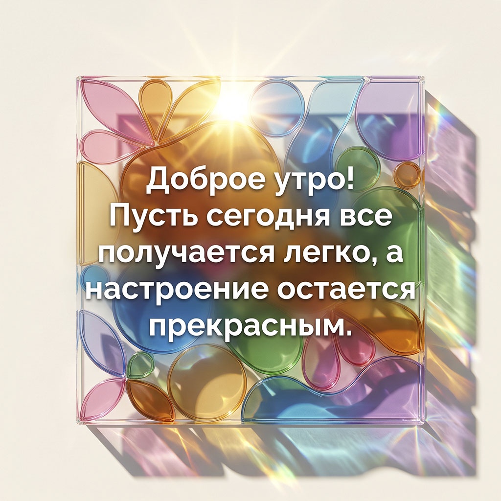 Акриловая открытка с витражными лепестками и текстом: "Доброе утро! Пусть сегодня все получается легко, а настроение остается прекрасным."
