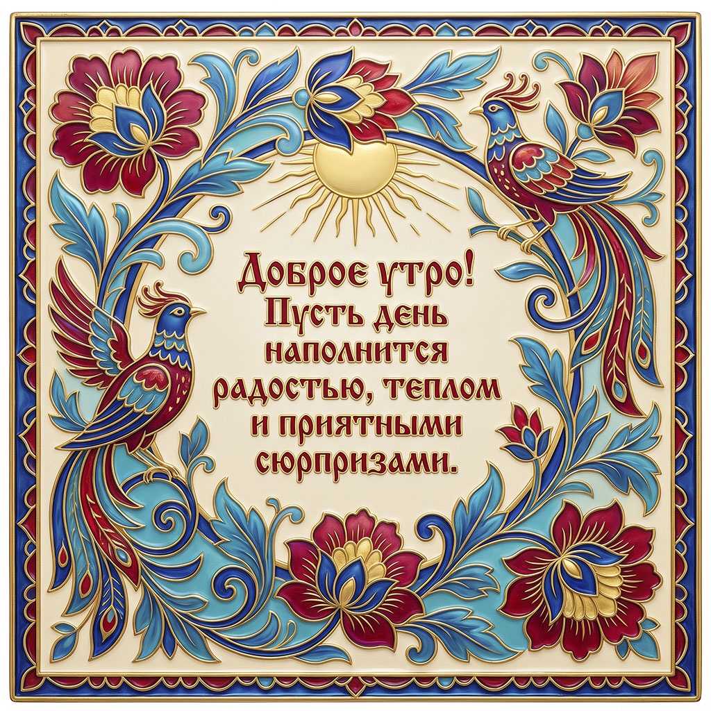 Открытка с барельефом из экзотических птиц, цветов и текстом: "Доброе утро! Пусть день наполнится радостью, теплом и приятными сюрпризами."