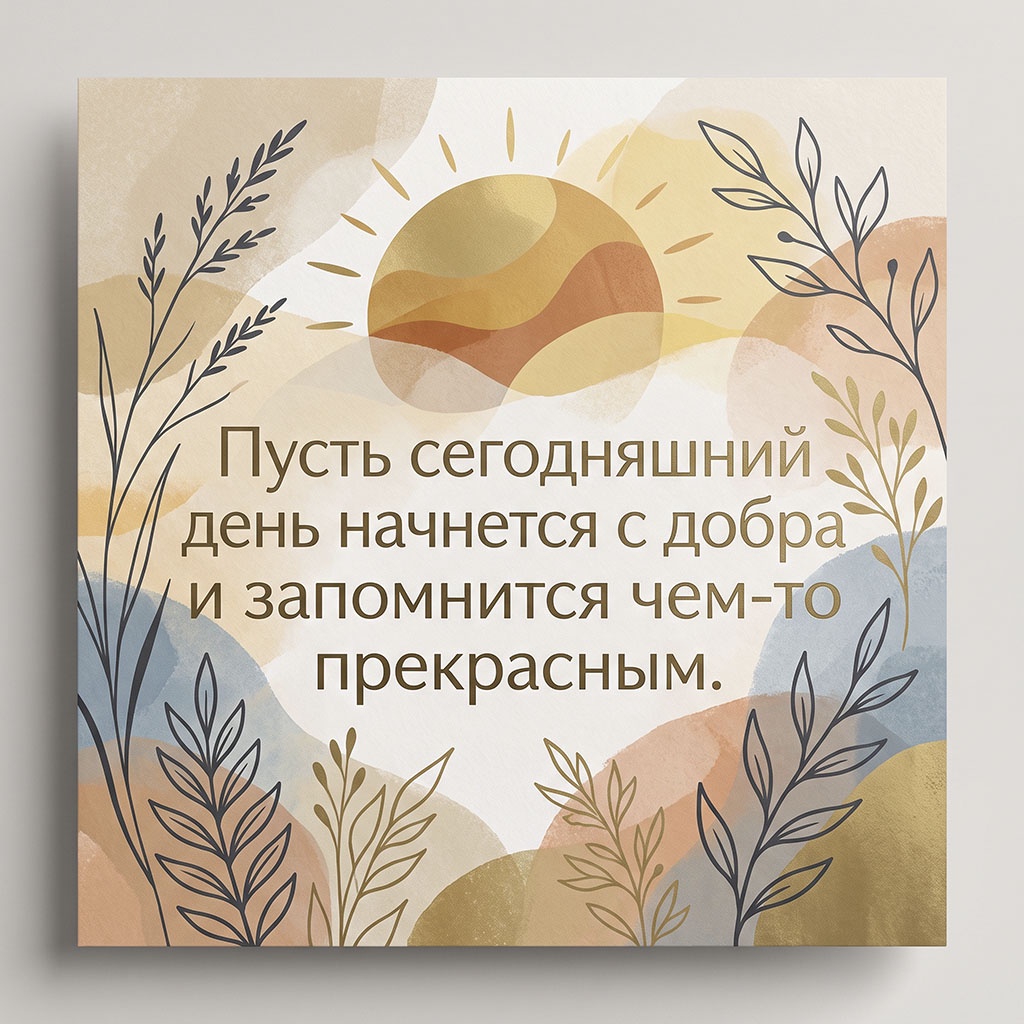Открытка в пастельных тонах с абстрактным солнцем, силуэтами трав и текстом: "Пусть сегодняшний день начнется с добра и запомнится чем-то прекрасным."