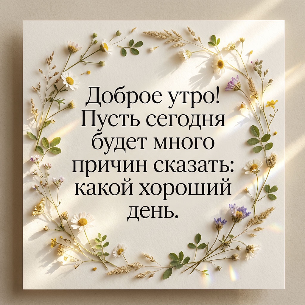 Открытка с венком из засушенных ромашек, колосьев и трав на светлом фоне и текстом: "Доброе утро! Пусть сегодня будет много причин сказать: какой хороший день."