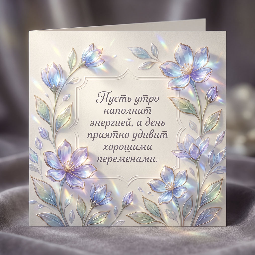 Открытка с переливающимися кристальными цветами и текстом: "Пусть утро наполнит энергией, а день приятно удивит хорошими переменами."