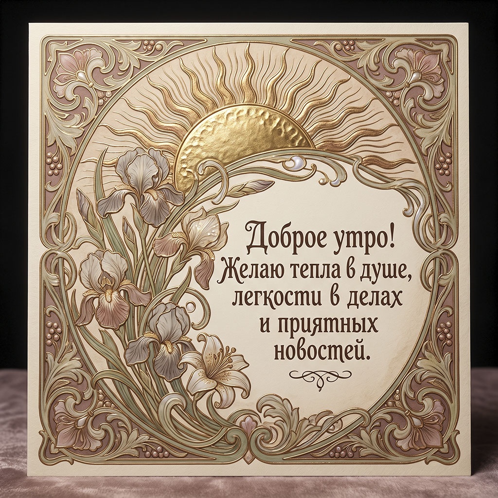 Открытка в стиле модерн с золотым солнцем, ирисами, лилиями и растительным орнаментом, с текстом: "Доброе утро! Желаю тепла в душе, легкости в делах и приятных новостей."
