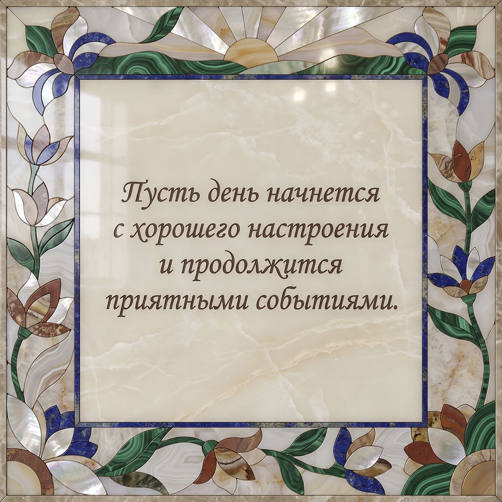 Мраморная мозаичная открытка-панно с солнцем, цветами, листьями и текстом: "Пусть день начнется с хорошего настроения и продолжится приятными событиями."