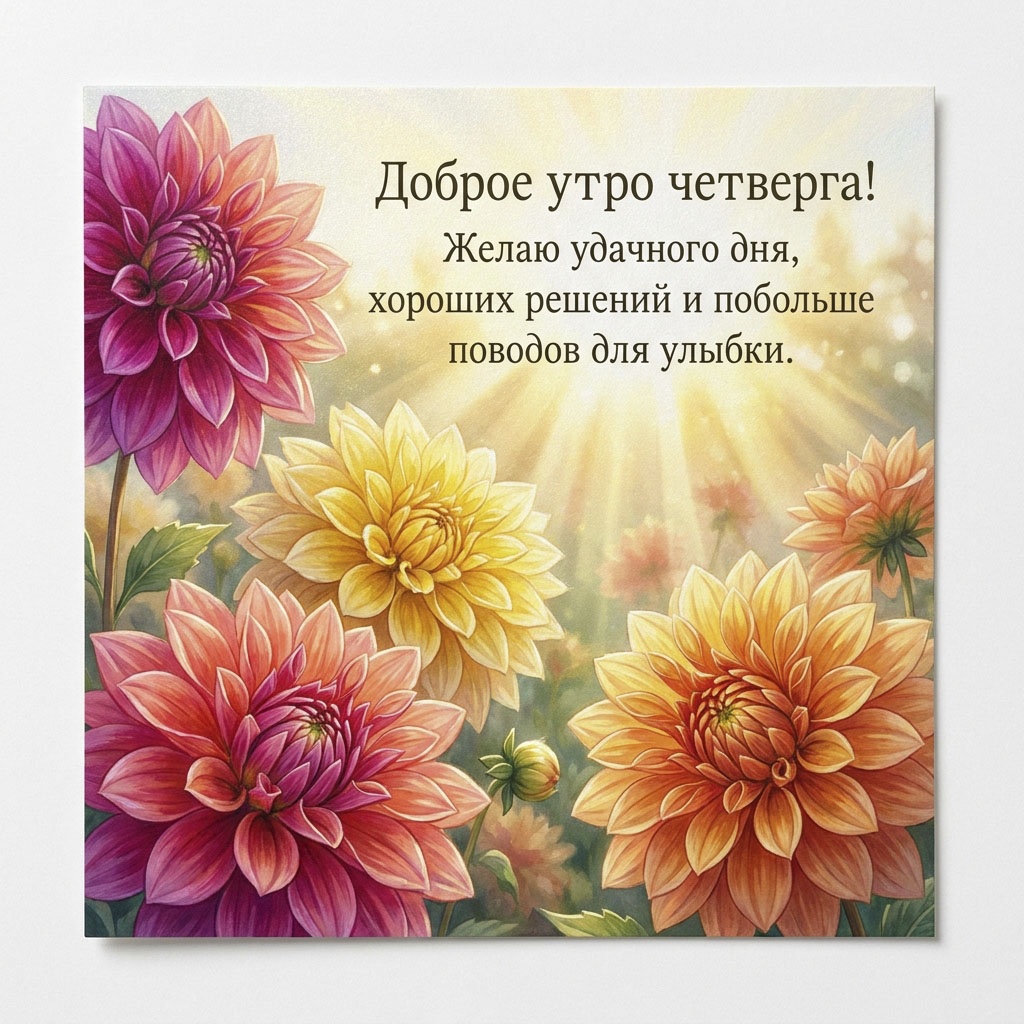 Открытка с георгинами на солнце с текстом: "Доброе утро четверга! Желаю удачного дня, хороших решений и побольше поводов для улыбки."