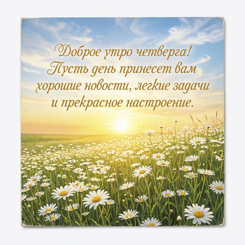 Открытка с ромашками в поле с текстом: "Доброе утро четверга! Пусть день принесет вам хорошие новости, легкие задачи и прекрасное настроение."