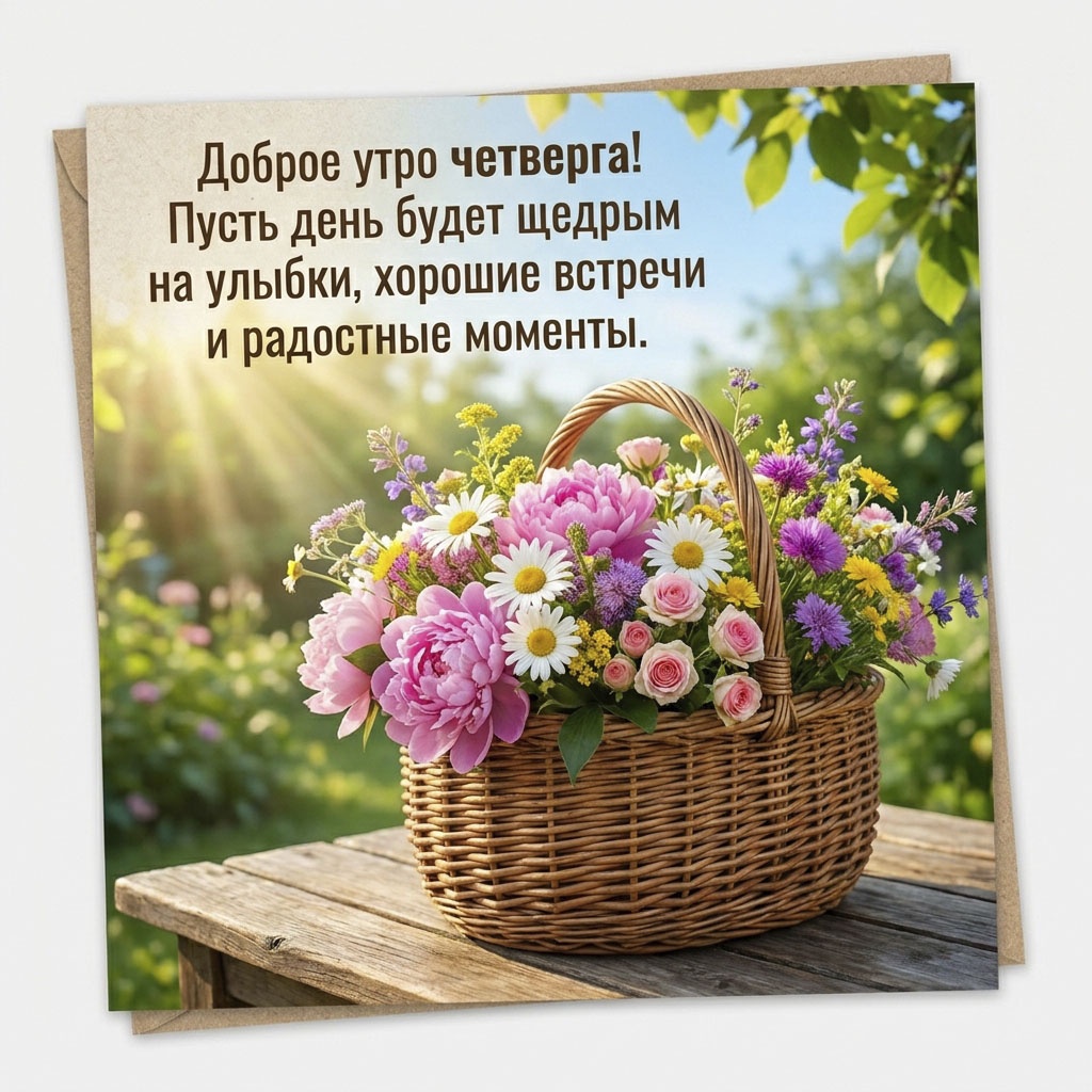 Открытка с корзиной цветов на столе с текстом: "Доброе утро четверга! Пусть день будет щедрым на улыбки, хорошие встречи и радостные моменты."