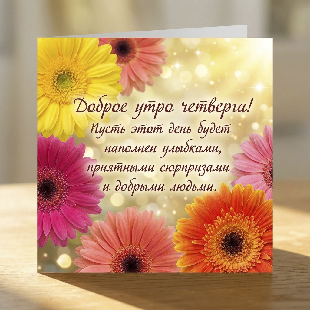 Открытка с герберами на деревянном столе с текстом: "Доброе утро четверга! Пусть этот день будет наполнен улыбками, приятными сюрпризами и добрыми людьми."