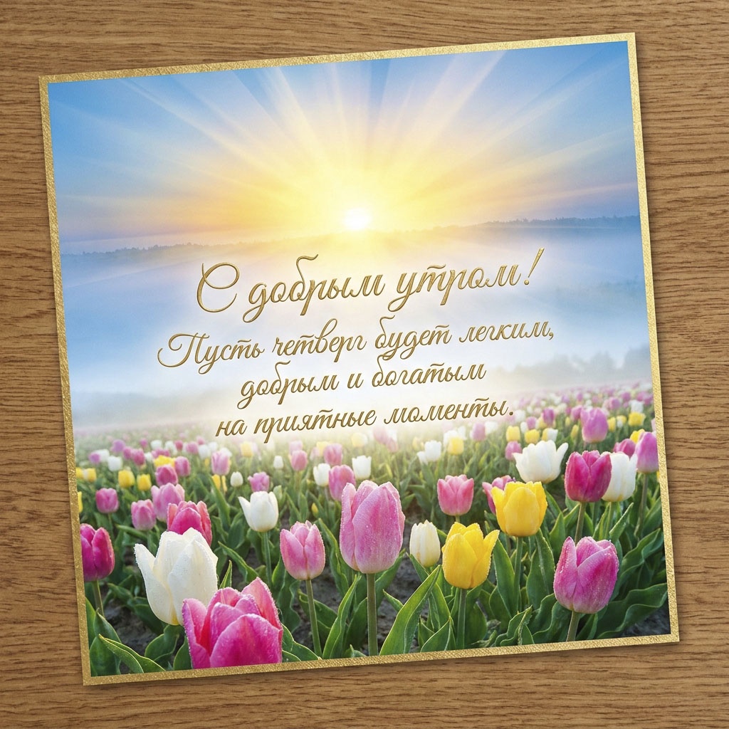 Открытка с полем розовых, белых и желтых тюльпанов в утренней дымке и текстом: "С добрым утром! Пусть четверг будет легким, добрым и богатым на приятные моменты."