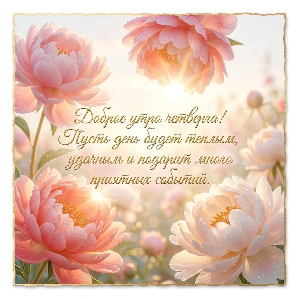 Открытка с розовыми и белыми пионами в росе и текстом: "Доброе утро четверга! Пусть день будет теплым, удачным и подарит много приятных событий."