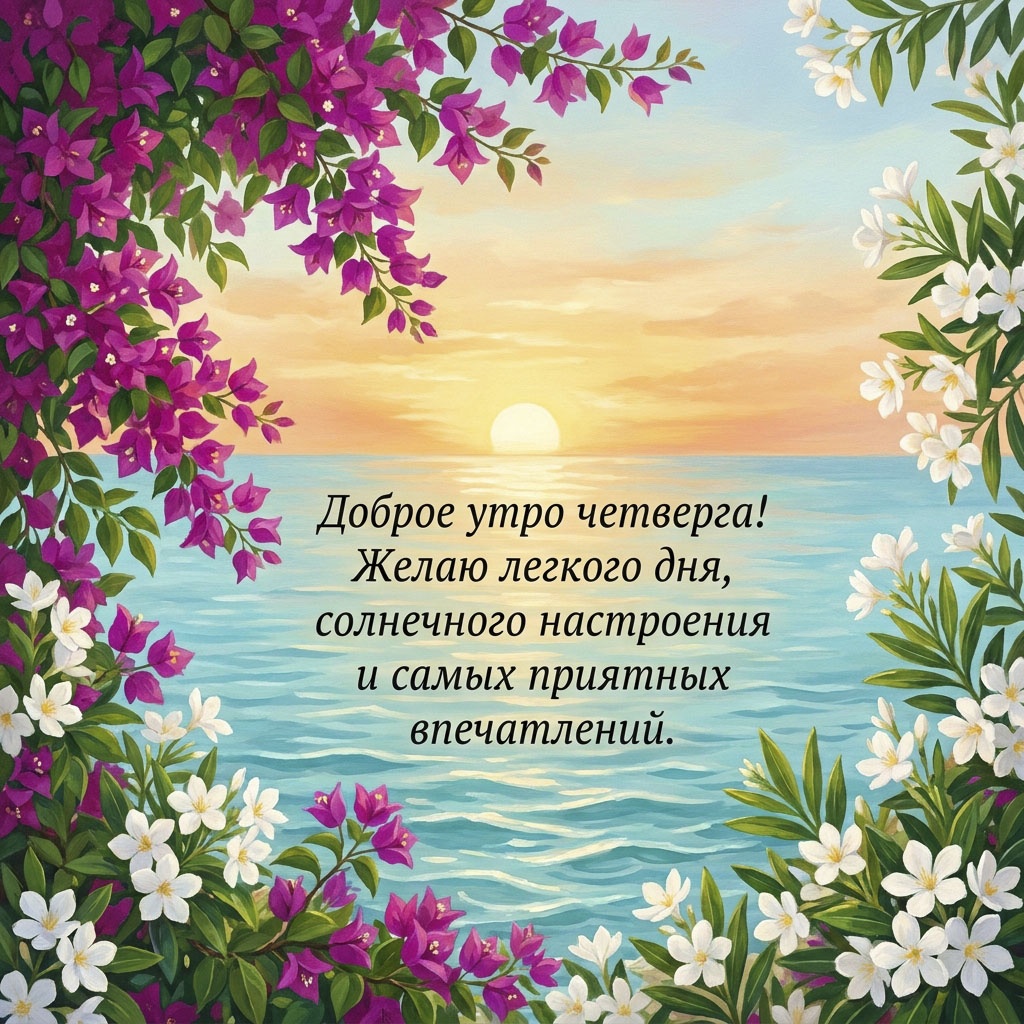 Открытка с морем и цветами на рассвете с текстом: "Доброе утро четверга! Желаю легкого дня, солнечного настроения и самых приятных впечатлений."