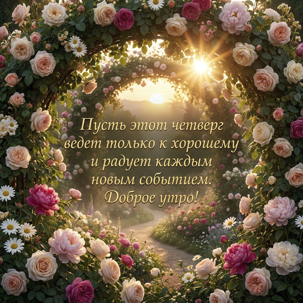 Открытка с арками из роз в саду на рассвете с текстом: "Пусть этот четверг ведет только к хорошему и радует каждым новым событием. Доброе утро!"