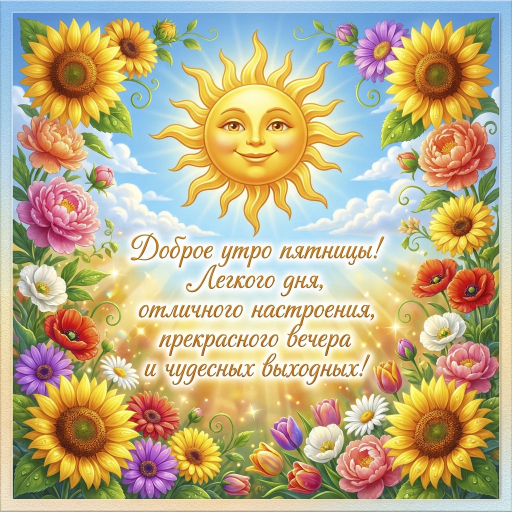 Открытка с солнцем среди цветов и текстом: "Доброе утро пятницы! Легкого дня, отличного настроения, прекрасного вечера и чудесных выходных!"