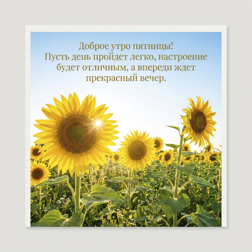 Открытка с полем подсолнухов на солнце и текстом: "Доброе утро пятницы! Пусть день пройдет легко, настроение будет отличным, а впереди ждет прекрасный вечер."