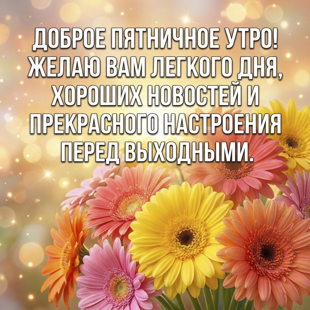 Открытка с букетом розовых, желтых и оранжевых гербер на праздничном фоне и текстом: "Доброе пятничное утро! Желаю вам легкого дня, хороших новостей и прекрасного настроения перед выходными."