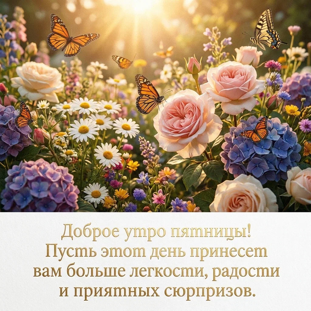 Открытка с розами, гортензиями, ромашками и бабочками в утреннем свете и текстом: "Доброе утро пятницы! Пусть этот день принесет вам больше легкости, радости и приятных сюрпризов."