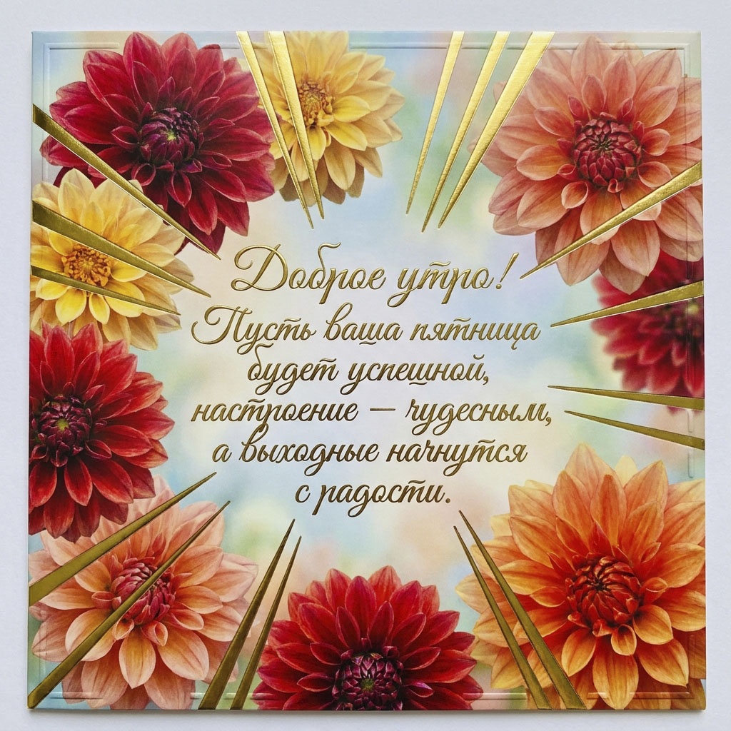 Открытка с бордовыми, желтыми и персиковыми георгинами и золотыми лучами, с текстом: "Доброе утро! Пусть ваша пятница будет успешной, настроение - чудесным, а выходные начнутся с радости."
